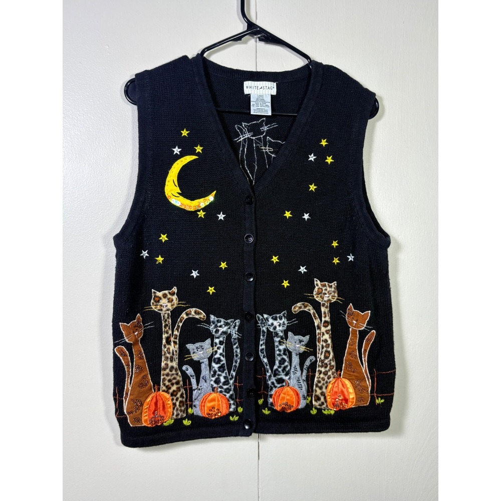 Vtg White Stag Halloween Vest Large Cats Stars Moon Beaded Sequins Black L